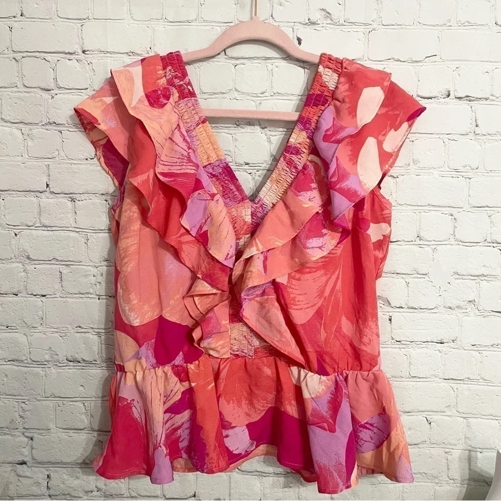 Pink Orange Purple Ruffle Summer Deep V- Neck Top Size Medium - Picture 2 of 7